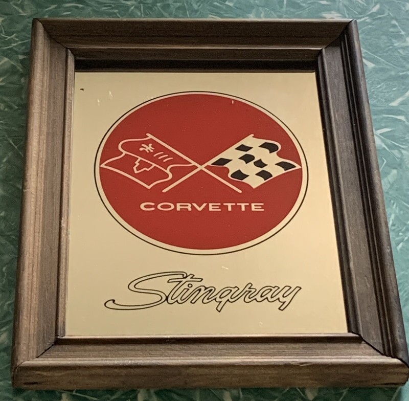 Vtg Chevrolet Corvette Stingray Emblem Mirror In Wood Frame Man Cave Den Garage