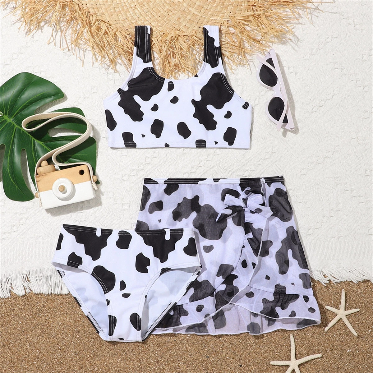 Kids Infant Baby Girls 3 Piece Swimsuits Bathing Suit Cow Print Bikini Tops