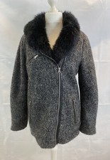 Ichi Size 36 Uk 8 Boucle Wool Blend Coat Black & Grey Faux Fur Trim