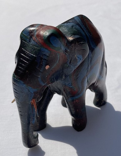 Vtg Rose Wood Hand Carved Ugly Elephant Multi Color Trunk Down Tusks - Picture 5 of 12