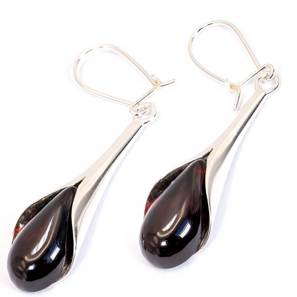 Hermosos aretes colgantes de diseñador ámbar cereza báltica de plata esterlina 925 maciza Foto 3 de 4
