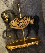 Franklin Mint Carousel Horse black bisque 24kt gold accents brass pole