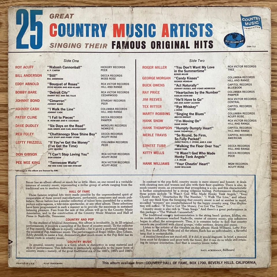 Famous Original Hits by 25 Great Country Music Artists 33 1/3 rpm LP, CMA712 - Image 2 of 4