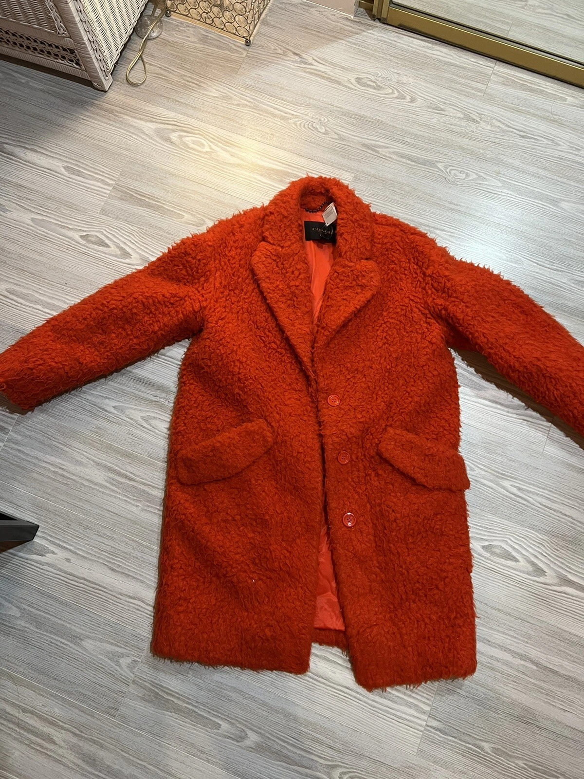Cappotto lungo COACH pelliccia sintetica pesante donna arancione NUOVO