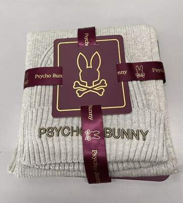 Psycho Bunny Mens Beanie and Scarf Box Set Size OS Ecru Heather