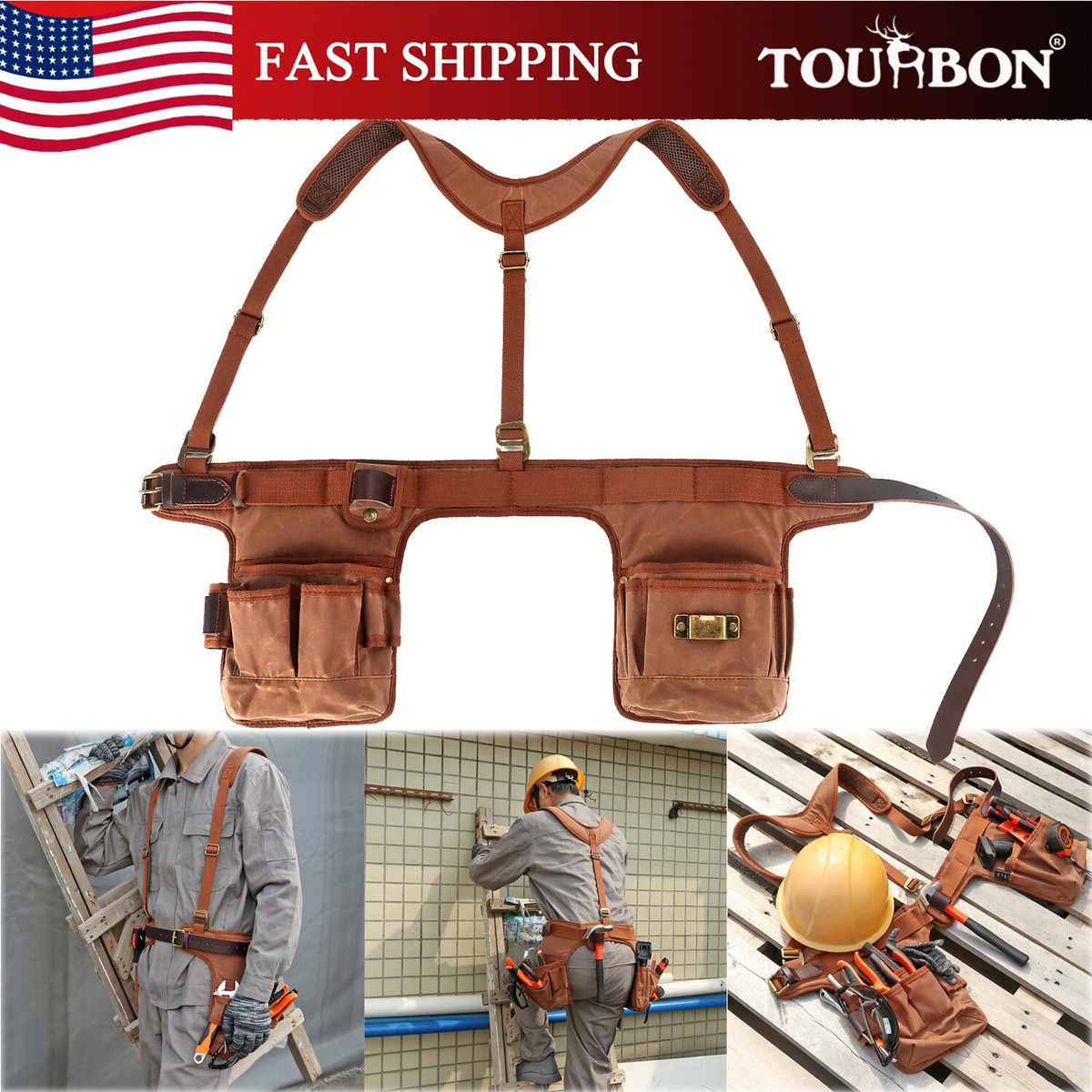 TOURBON Heavy Duty Work Tool Belt Suspenders Pouch Electricians Carpenter  Strap