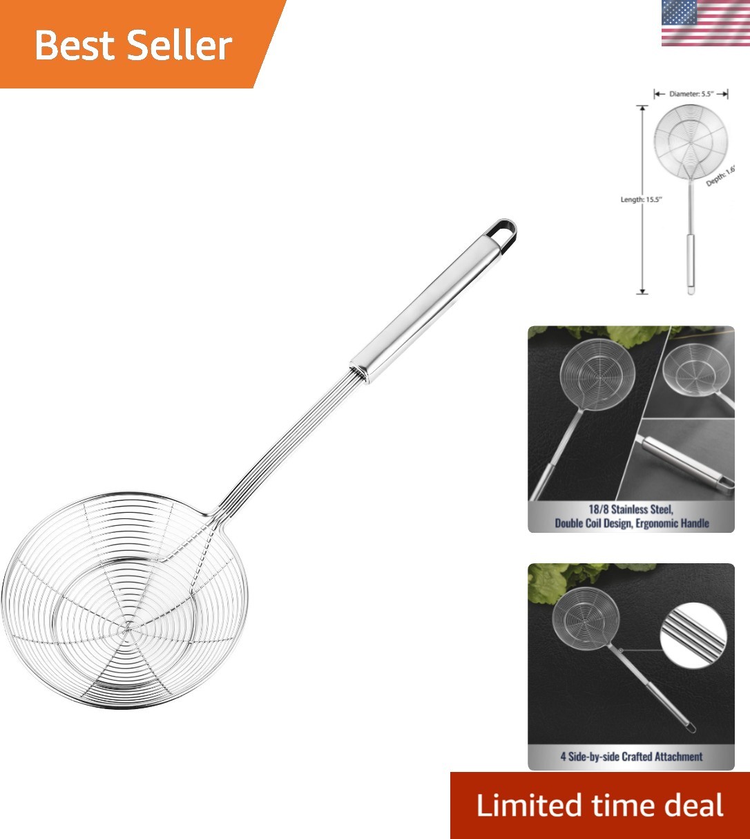 5.4-Inch Stainless Steel Spider Strainer - Ergonomic & Heat-Resistant