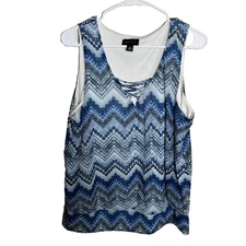 AB Studio Tank Top Women's XL V-Neck Printed Sleeveless Lined Shirt Blue