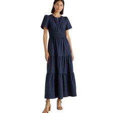 New Quince Women's Small Navy Blue Tiered Maxi Dress Small Organic Poplin 0125