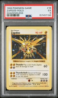 1999 POKEMON GAME 16 ZAPDOS-HOLO SHADOWLESS PSA 5