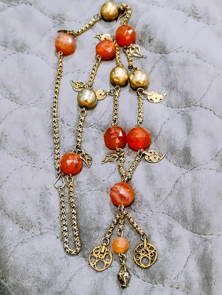 Antique Chinese Tibetan Carnelian And Brass Lariat Hook Necklace - Image 4 of 4