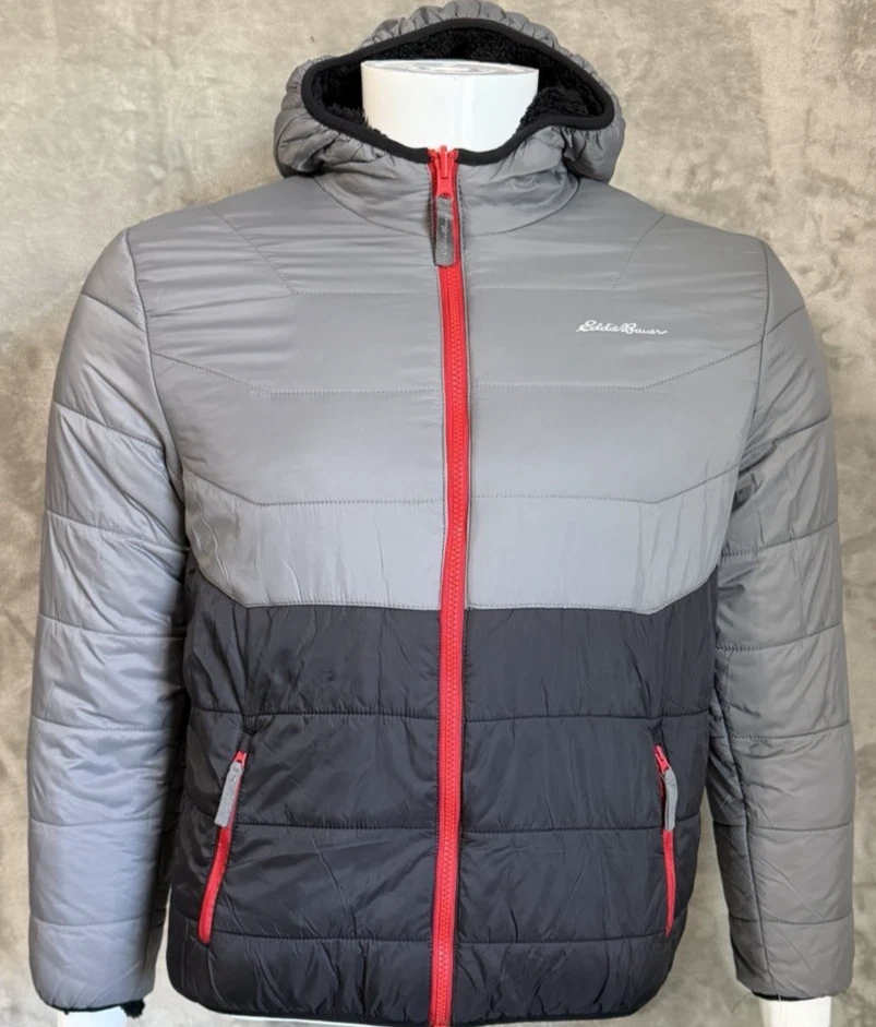 Eddie Bauer Reversible Puffer Sherpa Jacket Kid's Size L (14) Gray/Black, New