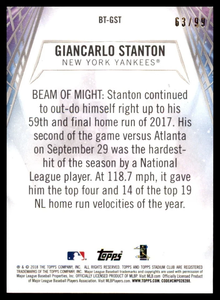 2018 Topps Stadium Club - Beam Team Giancarlo Stanton #BT-GST Black /99 - Image 2 of 2