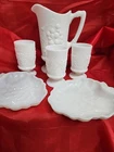 Lot of (4) Vintage White Milk Glass Collection Pitcher & 3 Glasses Grape Pattern