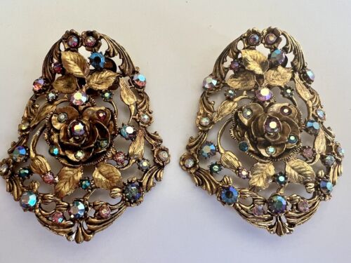 MAGNIFICENT VINTAGE RUNWAY SHOE CLIPS AURORA BOREALIS RHINESTONES SIGNED MUSI - Picture 2 of 12
