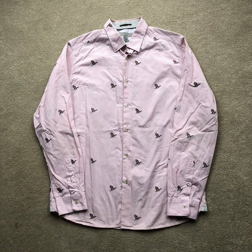 Ted Baker, Ted Baker Vintage Men’s Cotton Bird Print Stiped Shirt Pink Size M