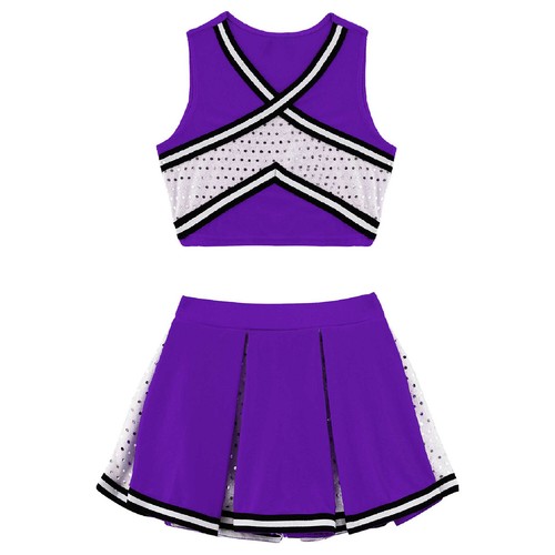 UK Girls Cheerleading Outfits Sleeveless V-Neck Top with Sparkling Sequins Skirt - Picture 27 of 45