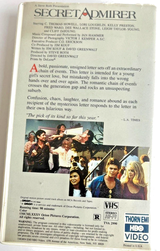 1985 Secret Admirer VHS  Big Box Kelly Preston/ Lori Loughlin Cult Following - Image 2 of 4