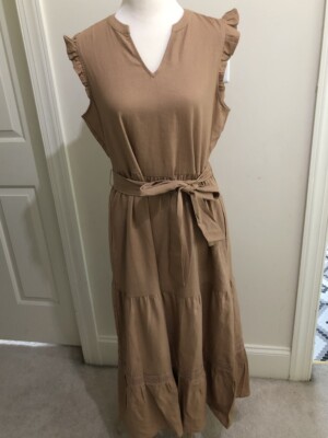 Adyson Parker Women's Linen Blend Tiered Ruffle Pockets Midi Dress Brown  Size M | eBay