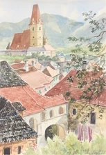 A. K. Khom, Signed Watercolour, "Weissenkirchen (Wachau)", Austria 20th century