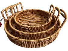Set Of 3 Nesting Round Wicker Baskets w. Handles Sizes 12  ; 10  ; 8  , Pre-Owned