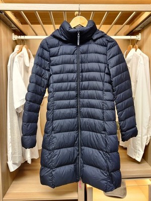 UNIQLO MANTEL JACKE NAVY SMALL ULTRALEICHT DAUNEN PUFFER LANG ABNEHMBARE KAPUZE DAMEN