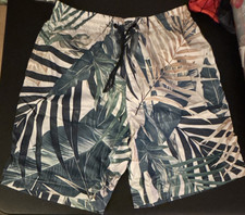 Men's Tropical Swim Trunks Blue/White/Green Size S Drawstring Pockets