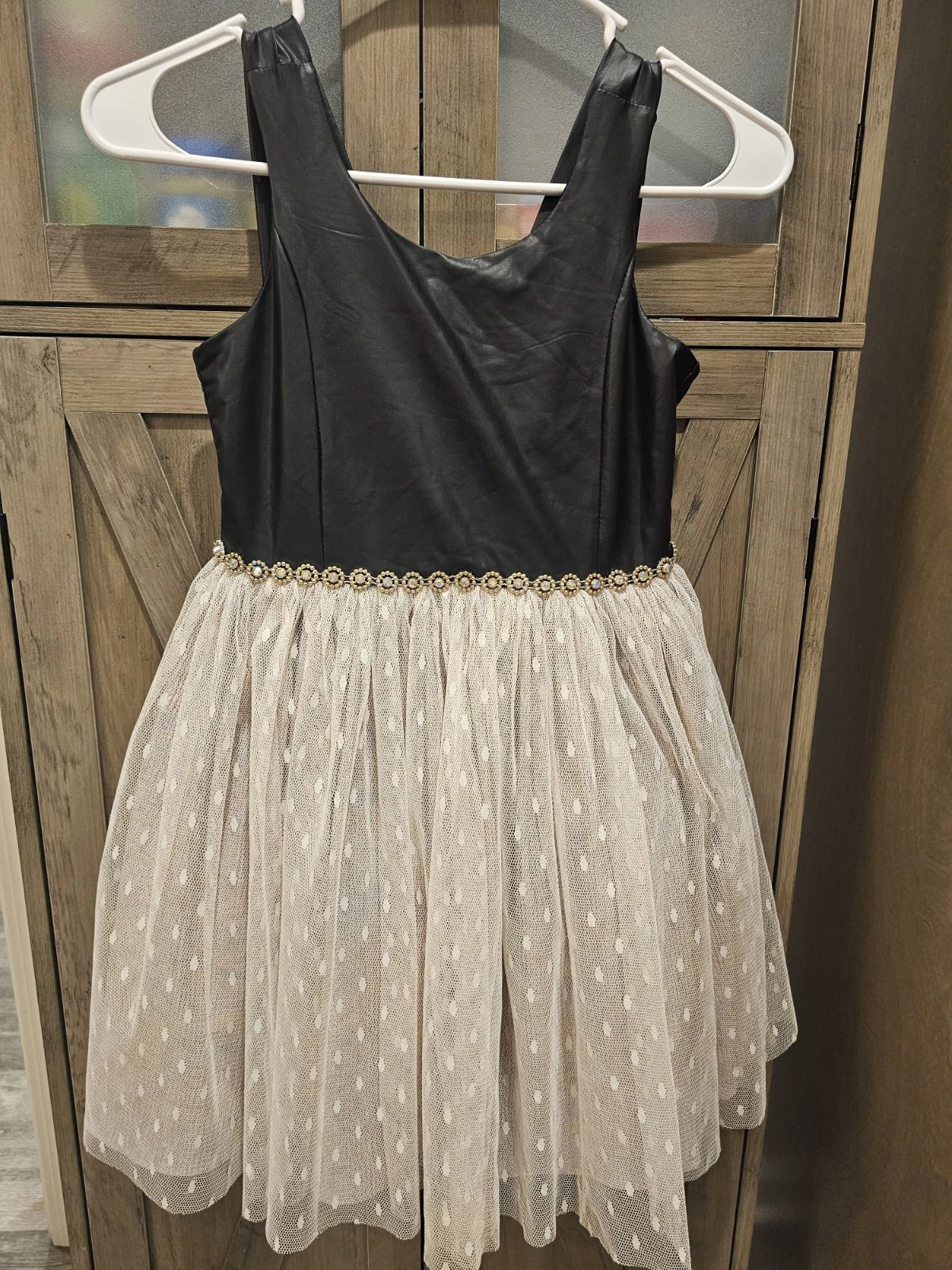 Bonnie Jean Girls Fit & Flare Black White Polka Dot Tulle Dress Bow Size 8