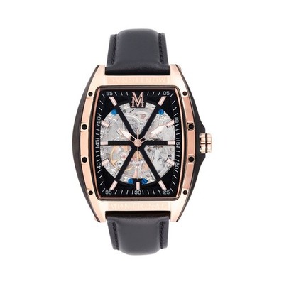 Mens Automatic Wristwatch MONTIGNAC MOW201 Genuine Leather Black Gold Rose