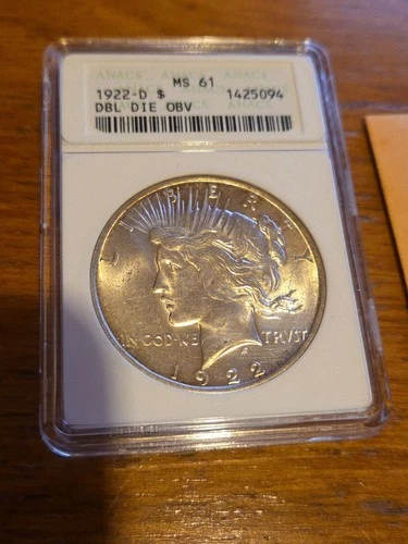 Rare Variety 1922 D Silver Peace Dollar, Double Die OBV ANACS MS61 Denver VAM