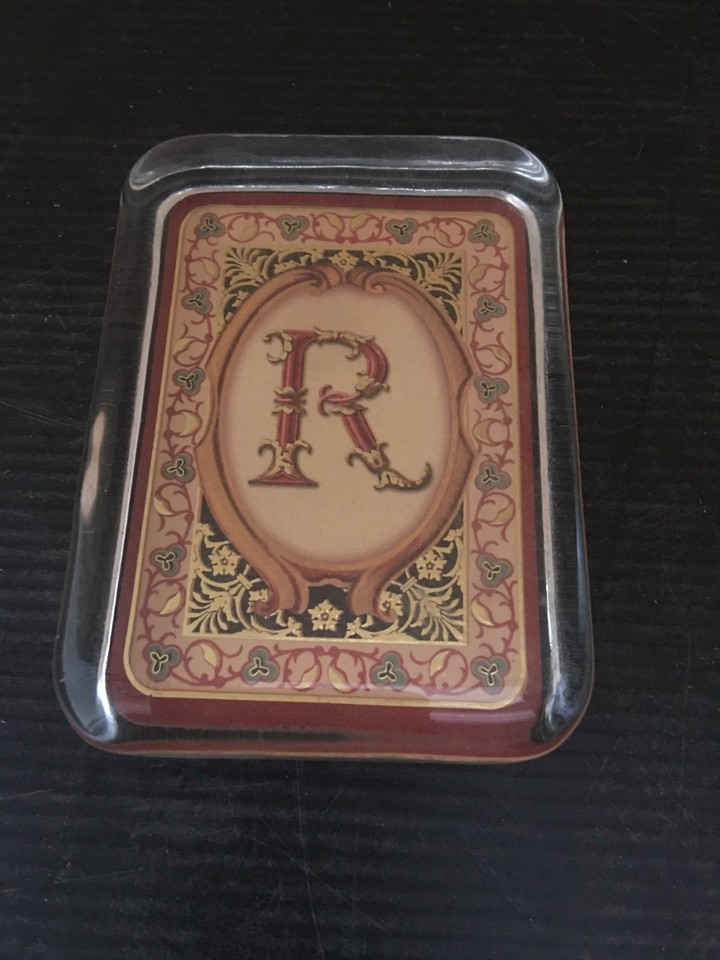 Vintage Glass Dome Paperweight w/ Illuminated Monogram Initial R -Desk Accessory
