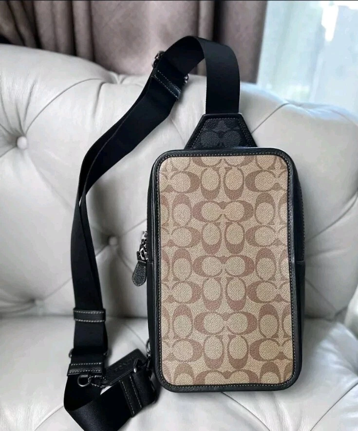 Coach Nuovo con etichette Sullivan C9865 Sullivan Pack Firma Tela Bloccata Gunmetal Cachi