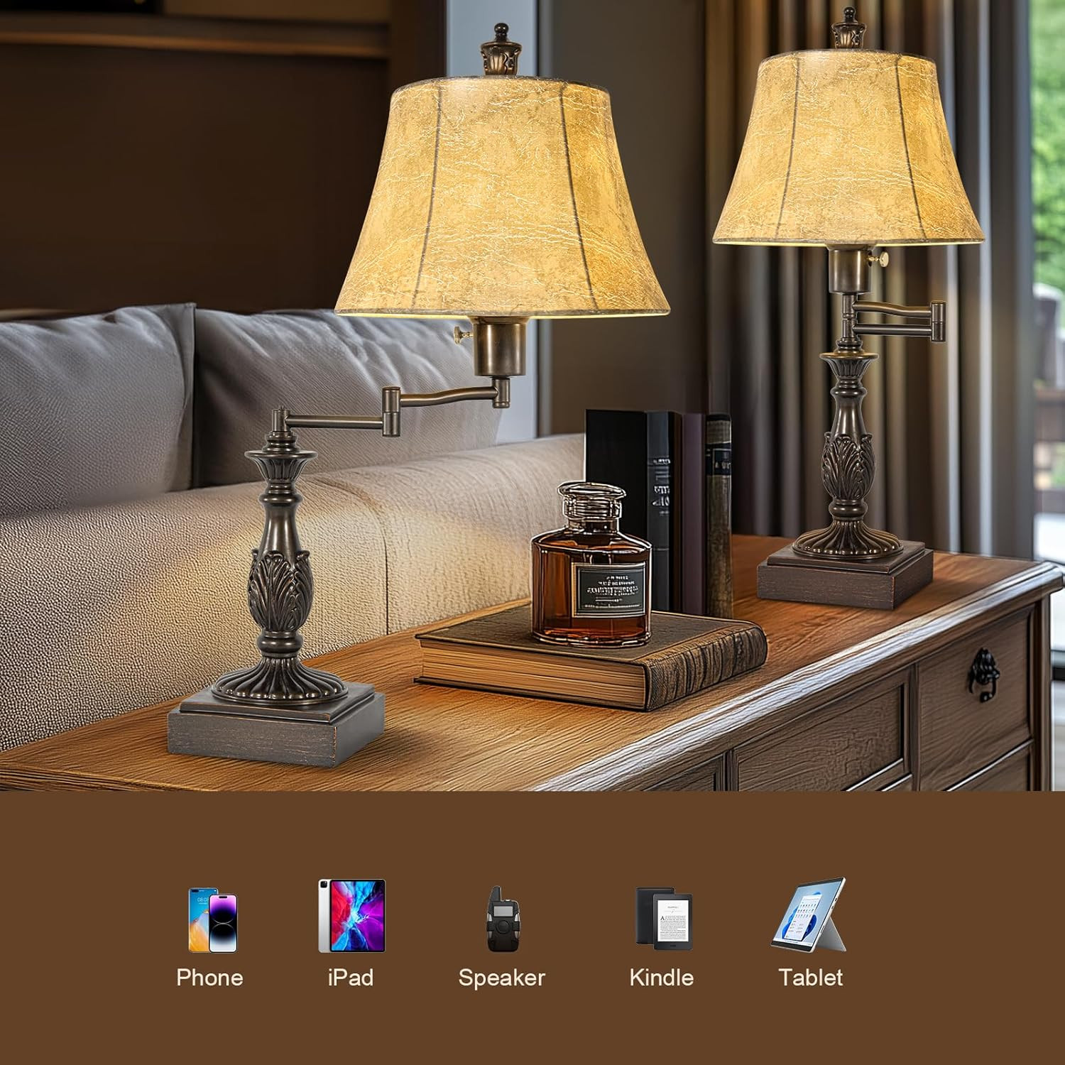 23.5" Rustic Traditional 350° Adjustable Swing  Table Lamp Set of 2 with USB A+C