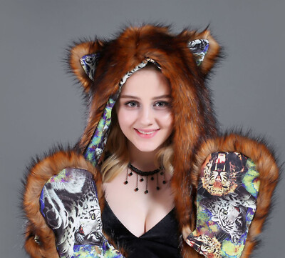 Faux Fur Animal Ears Hat Gloves Mittens 