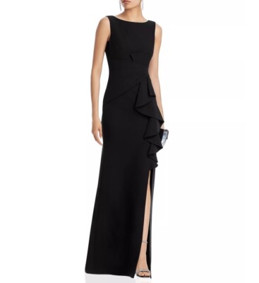 Eliza J NEW Sleeveless Cascading Ruffle Velvet Gown In Black Size 12
