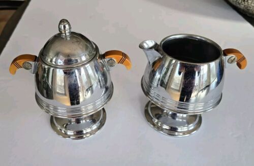 SALE! Vintage Stainless Steel Sugar Bowl & Creamer Wood Handles Art Deco Style