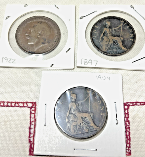 3 Great Britain One Penny Coins 1897 Victoria, 1904 Edward VII., 1922 George V
