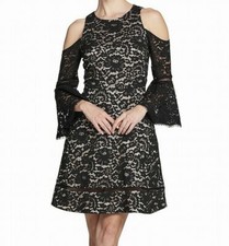 ELIZA J ~ Black Lace Cold Shoulder Bell Sleeves Flare Party Dress 6 NEW $173