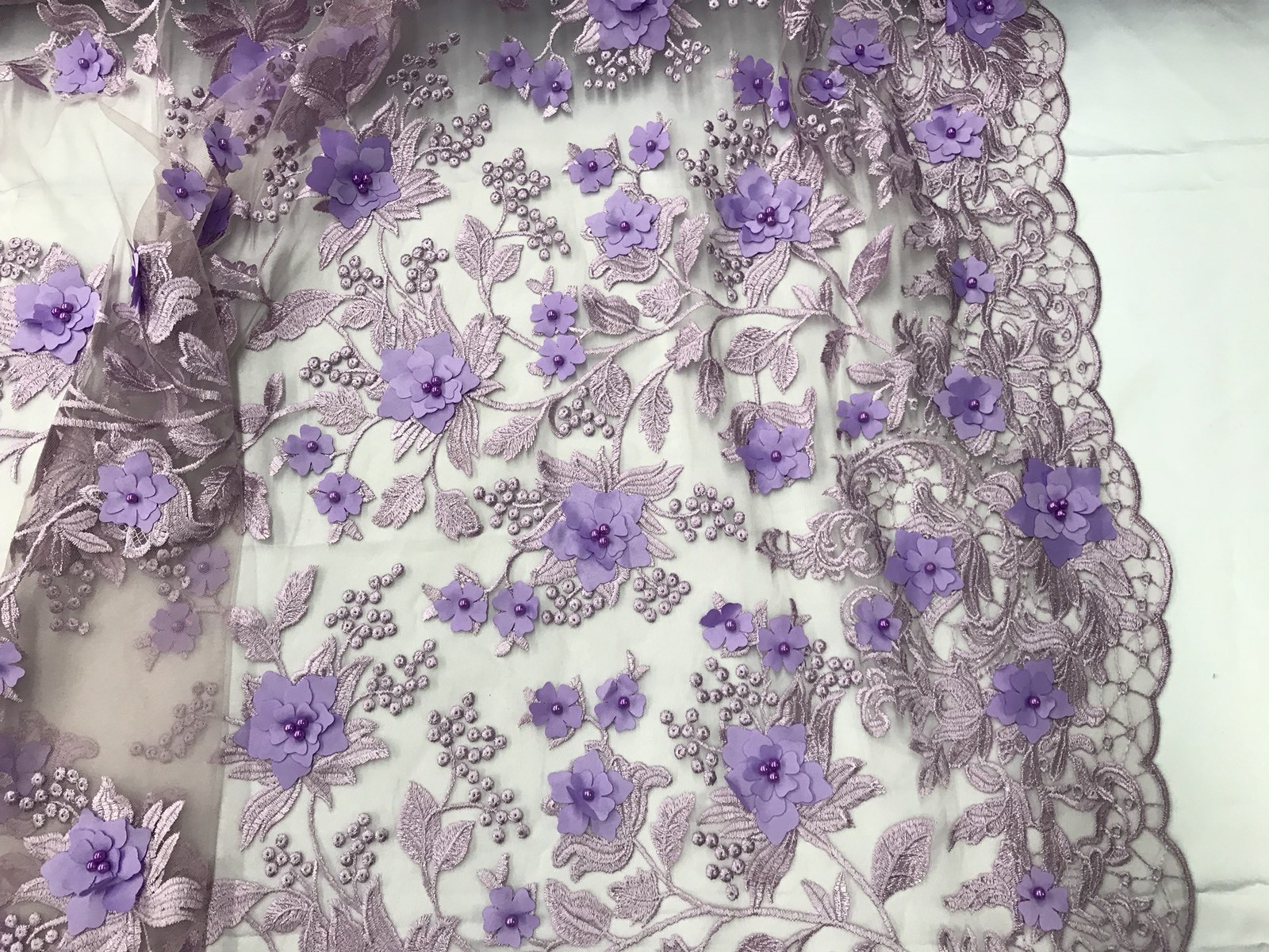 LILAC 3D FLORAL DESIGN EMBROIDERY WITH PEARLS ON A MESH-1YARD-FREE SHIPPING