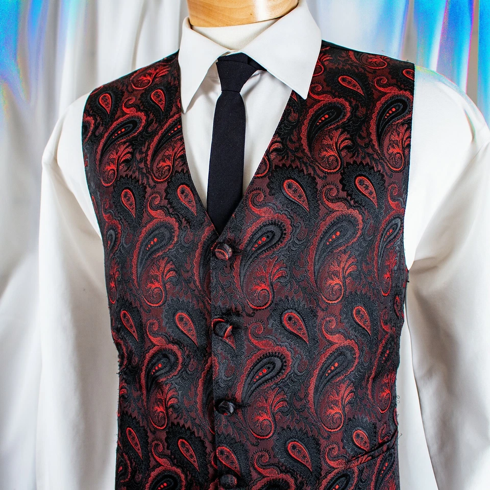 FUMAGALLI Black Red Paisley Polyester Men Formal Waistcoat Vest Size L XL - Image 2 of 4