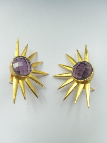 Hydro Amethyst Quartz 9 Rays Stud Earring Faceted Gemstone Earring Gold Plated - Picture 8 of 8