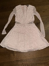 Express Light Pink Lace and Sheer Fit & Flare Dress Long Sleeve V Neck Size 6