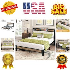 Full Size Bed Frame, Storage Headboard with Charging Station, Solid and Stabl...