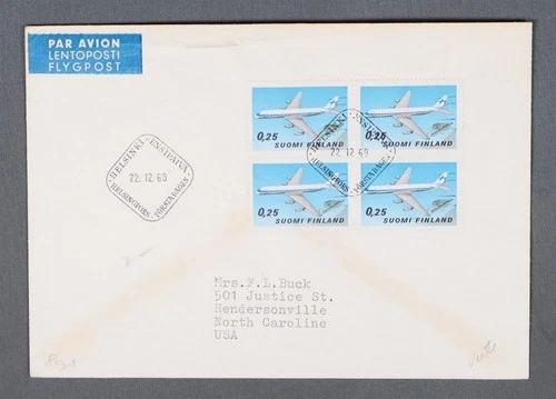 MayfairStamps Finland FDC 1969 Block Airplane 0.25 Helsinki to Hendersonville NC