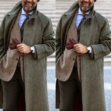 Herringbone Wool Men's Long Tweed Overcoat Single-Breasted Winter Business Coat