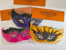 Vintage 3 Mardi Gras Feather Masks Carnival Masquerade Halloween Costume NEW