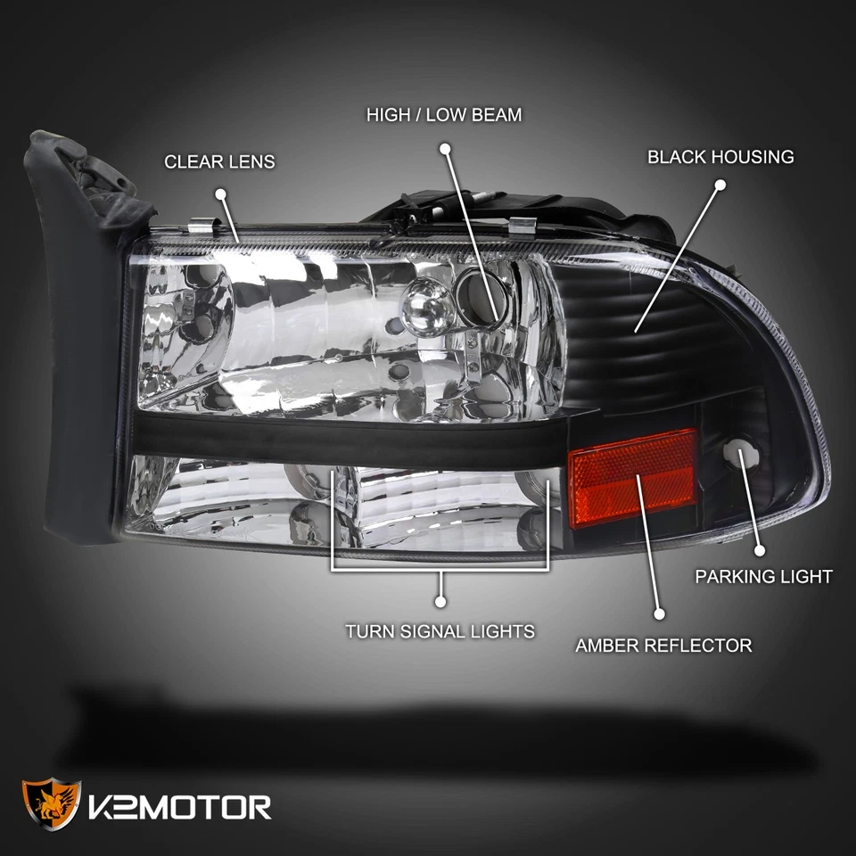 Fits 1997-2004 Dodge Dakota Black 1PC Style Headlights+Clear Tail Brake Lamps - Изображение 3 из 4