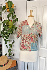 Boho Floral Patchwork Open Knit Cardigan M Lightweight Crochet Look Cottagecore