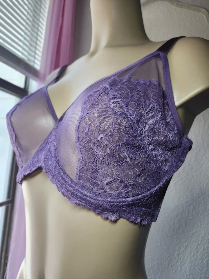 HSIA Unlined Lace Mesh Underwire Bra 36DDD Purple NWOT - Image 4 of 4