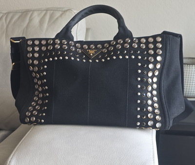 PRADA Black Studded Tote Bag Detachable Strap Inner Pockets Gold Hardware